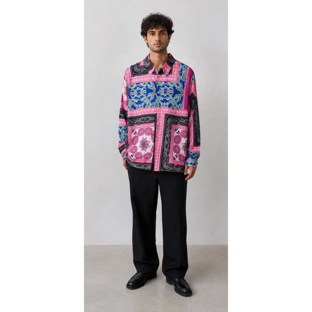 BoohooMAN Men's Large Patchwork Paisley Print Button Up Shirt Pink Blue